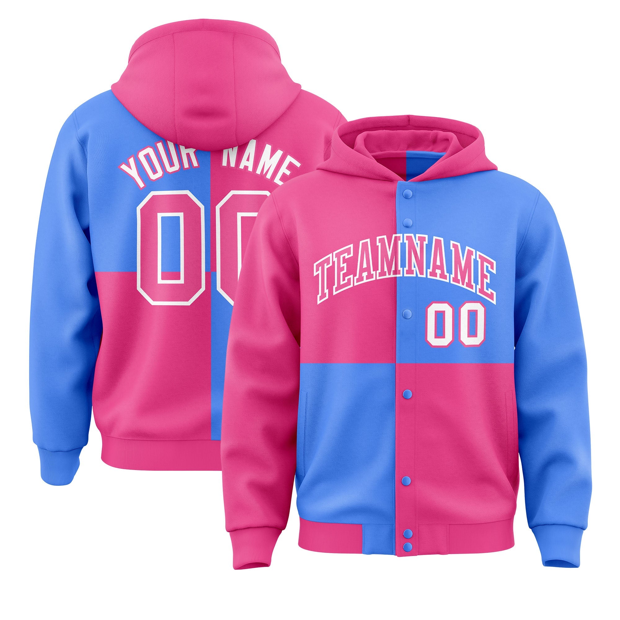 Custom Pink Powder Blue Varsity Full-Snap Four Squares Color Block Letterman Hoodie Jacket