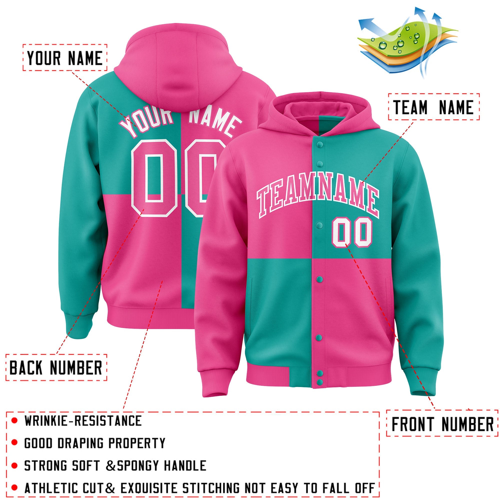 Custom Pink Aqua Varsity Full-Snap Four Squares Color Block Letterman Hoodie Jacket