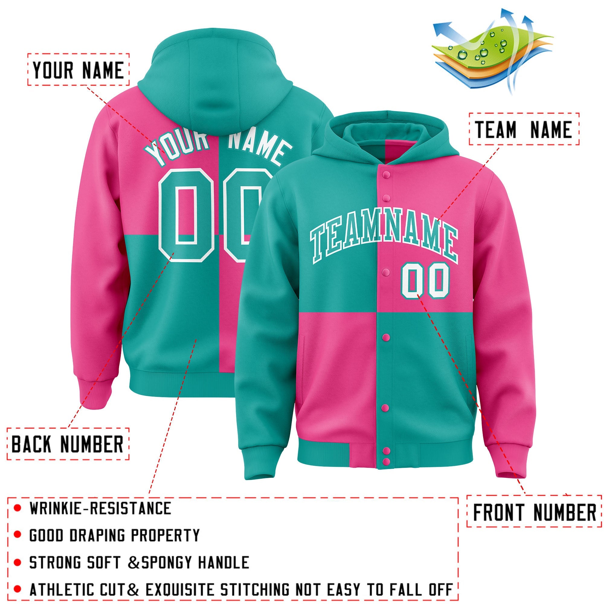 Custom Aqua Pink Varsity Full-Snap Four Squares Color Block Letterman Hoodie Jacket