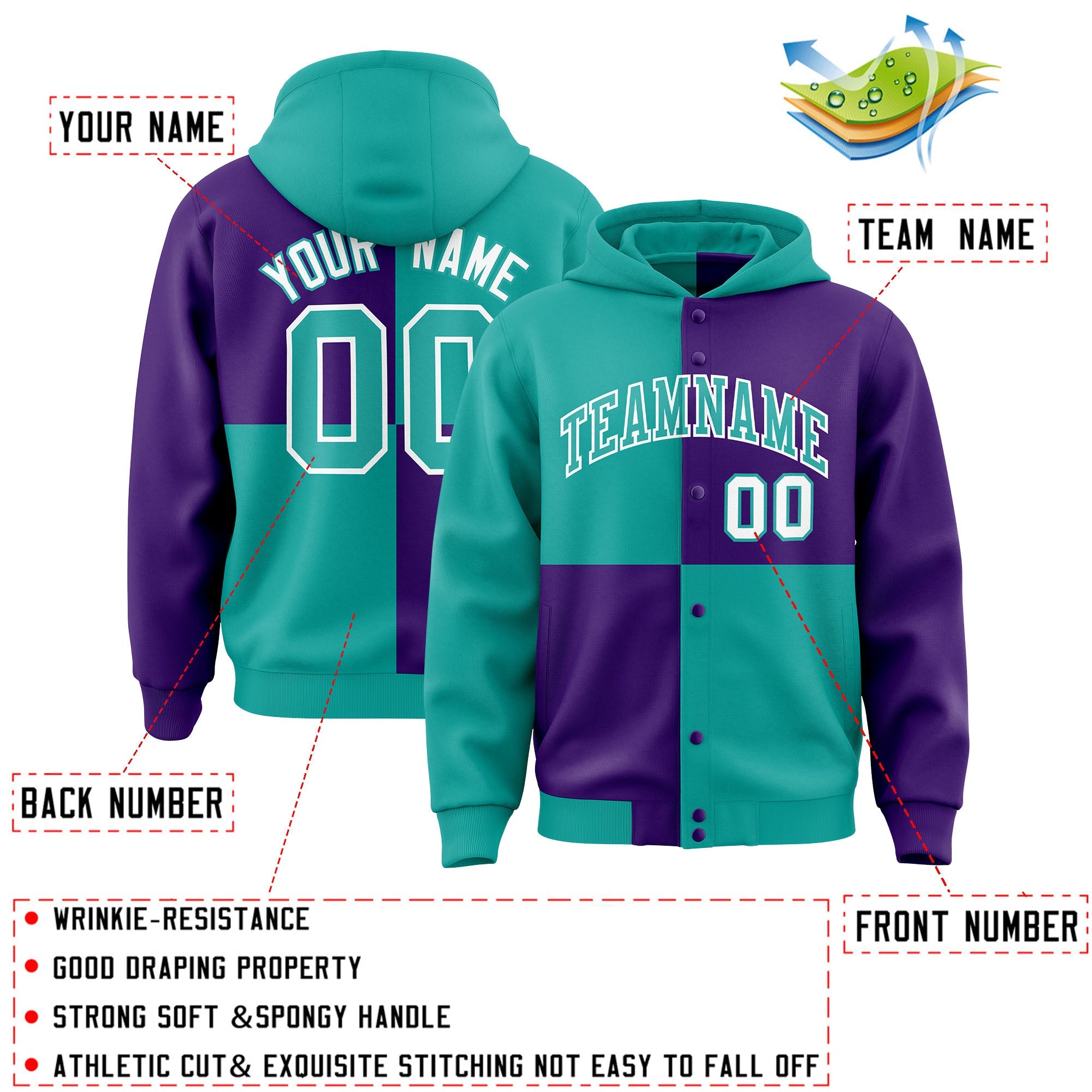 Custom Aqua Purple Varsity Full-Snap Four Squares Color Block Letterman Hoodie Jacket