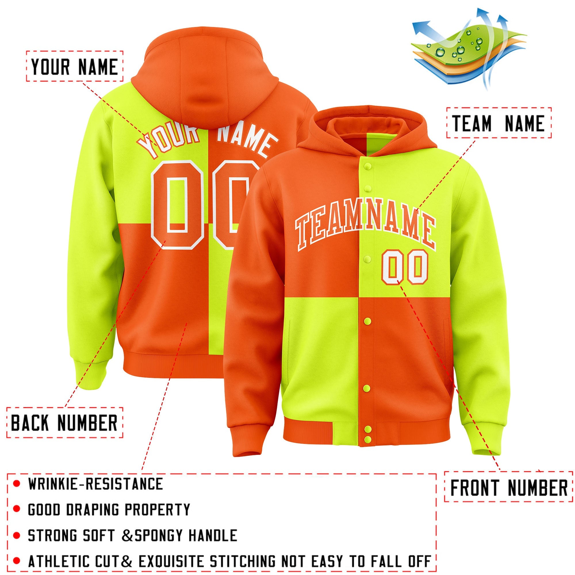 Custom Orange Green Varsity Full-Snap Four Squares Color Block Letterman Hoodie Jacket