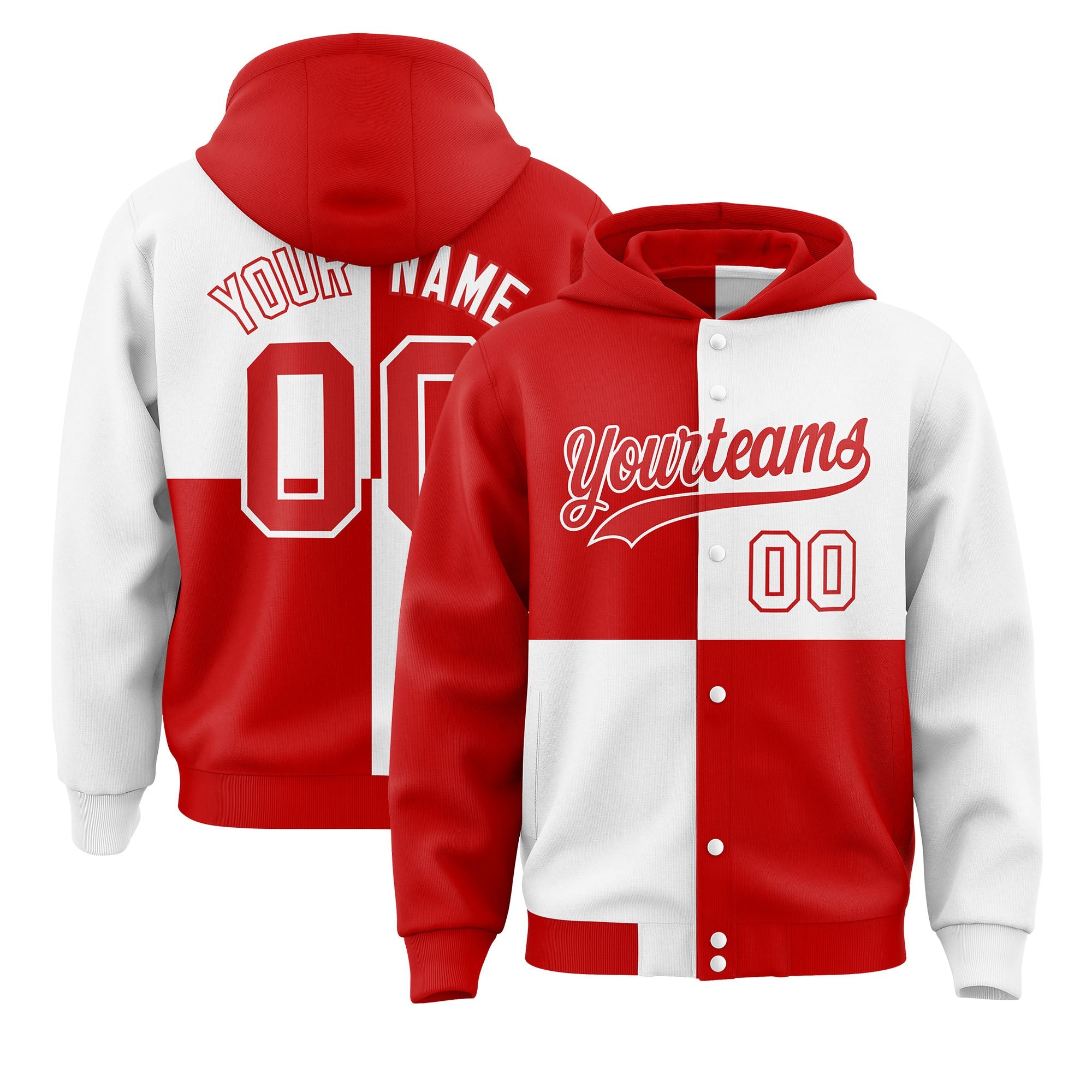 Custom Red White Varsity Full-Snap Four Squares Color Block Letterman Hoodie Jacket