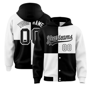 Custom Black White Varsity Full-Snap Four Squares Color Block Letterman Hoodie Jacket