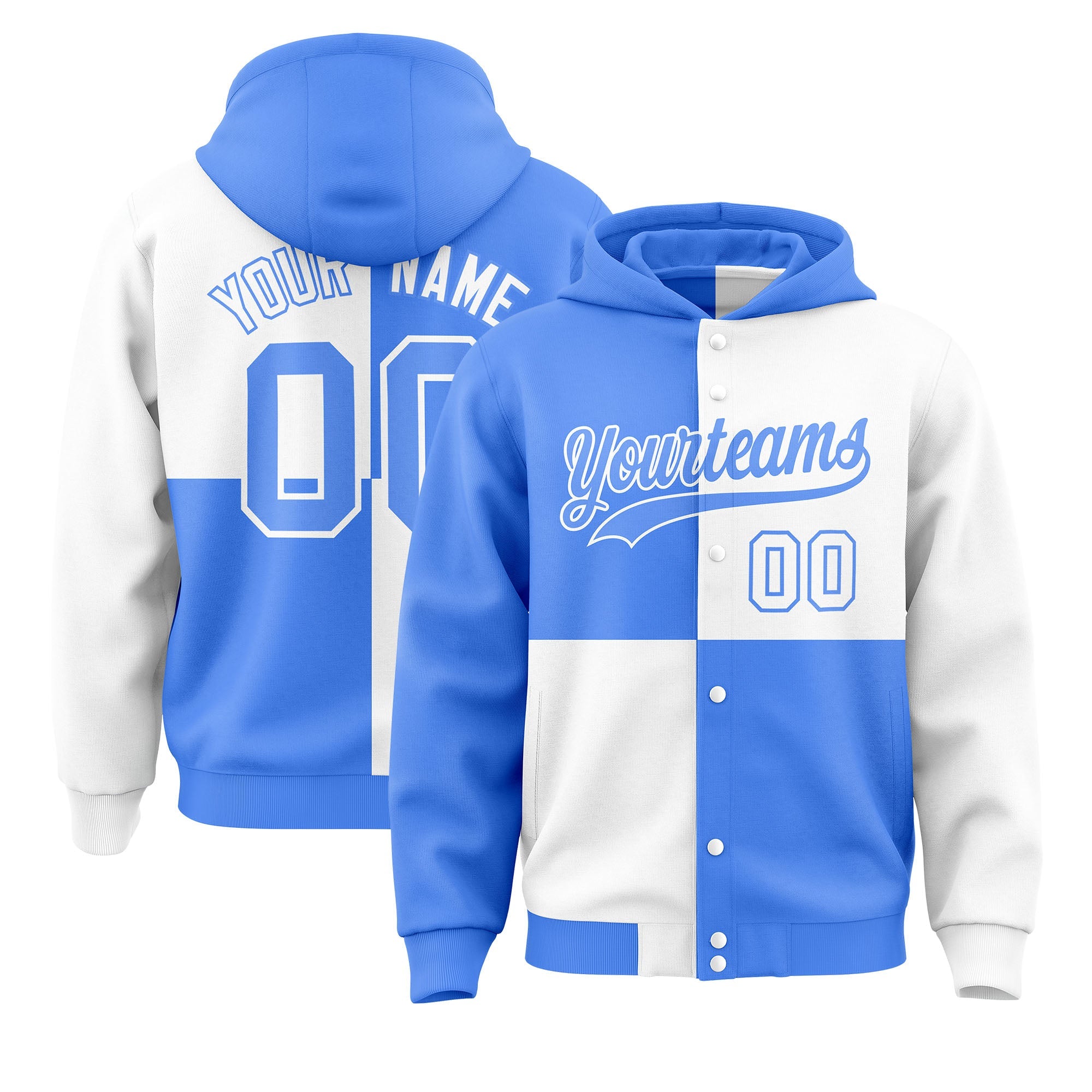 Custom Powder Blue White Varsity Full-Snap Four Squares Color Block Letterman Hoodie Jacket