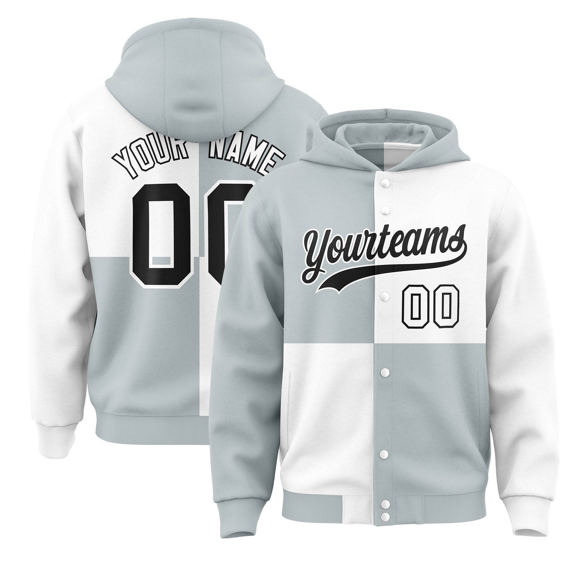 Custom Silver White Varsity Full-Snap Four Squares Color Block Letterman Hoodie Jacket