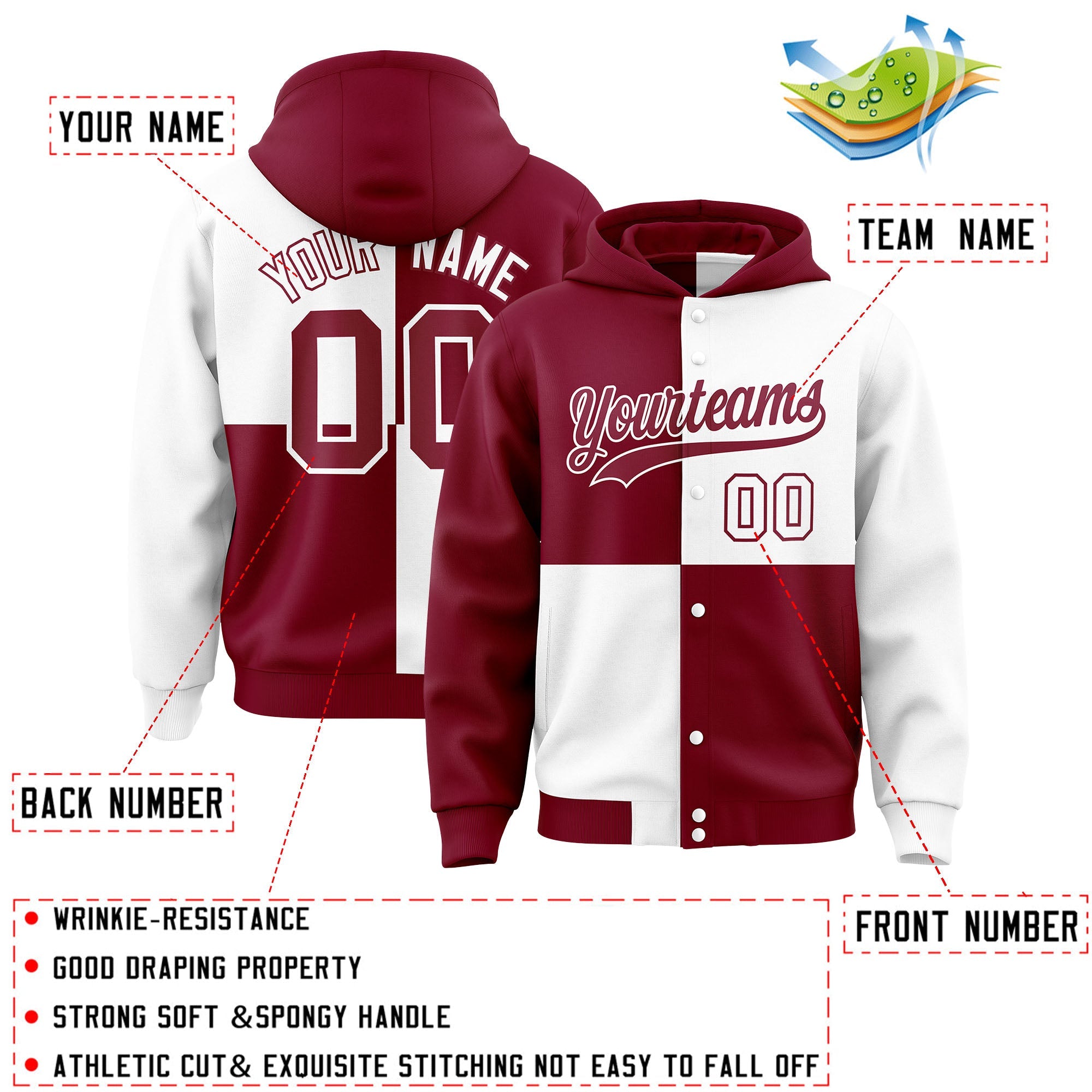 Custom Crimson White Varsity Full-Snap Four Squares Color Block Letterman Hoodie Jacket