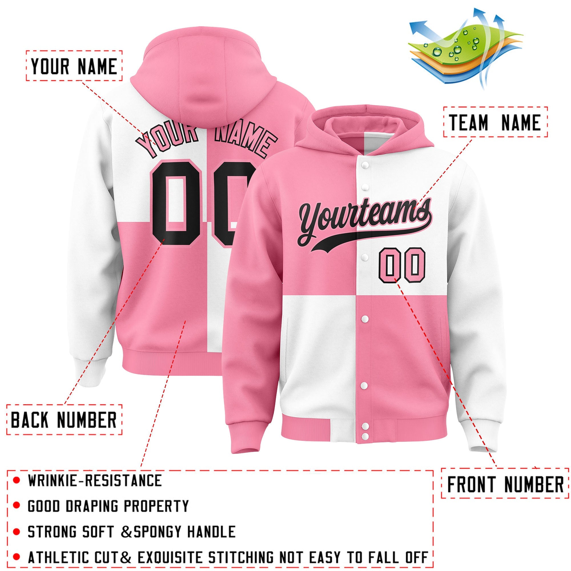 Custom Light Pink White Varsity Full-Snap Four Squares Color Block Letterman Hoodie Jacket