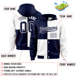 Custom Navy White Varsity Full-Snap Four Squares Color Block Letterman Hoodie Jacket