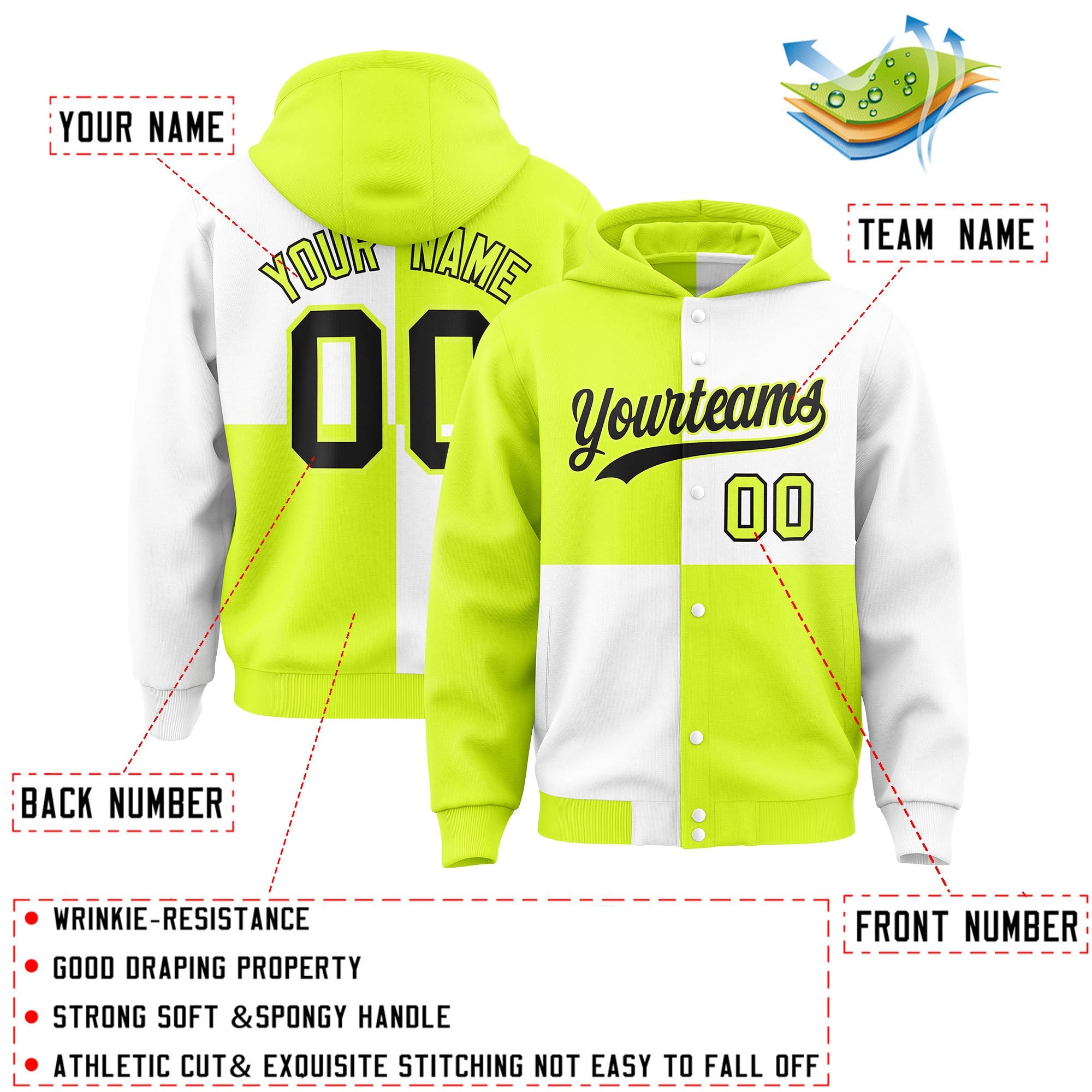 Custom Green White Varsity Full-Snap Four Squares Color Block Letterman Hoodie Jacket