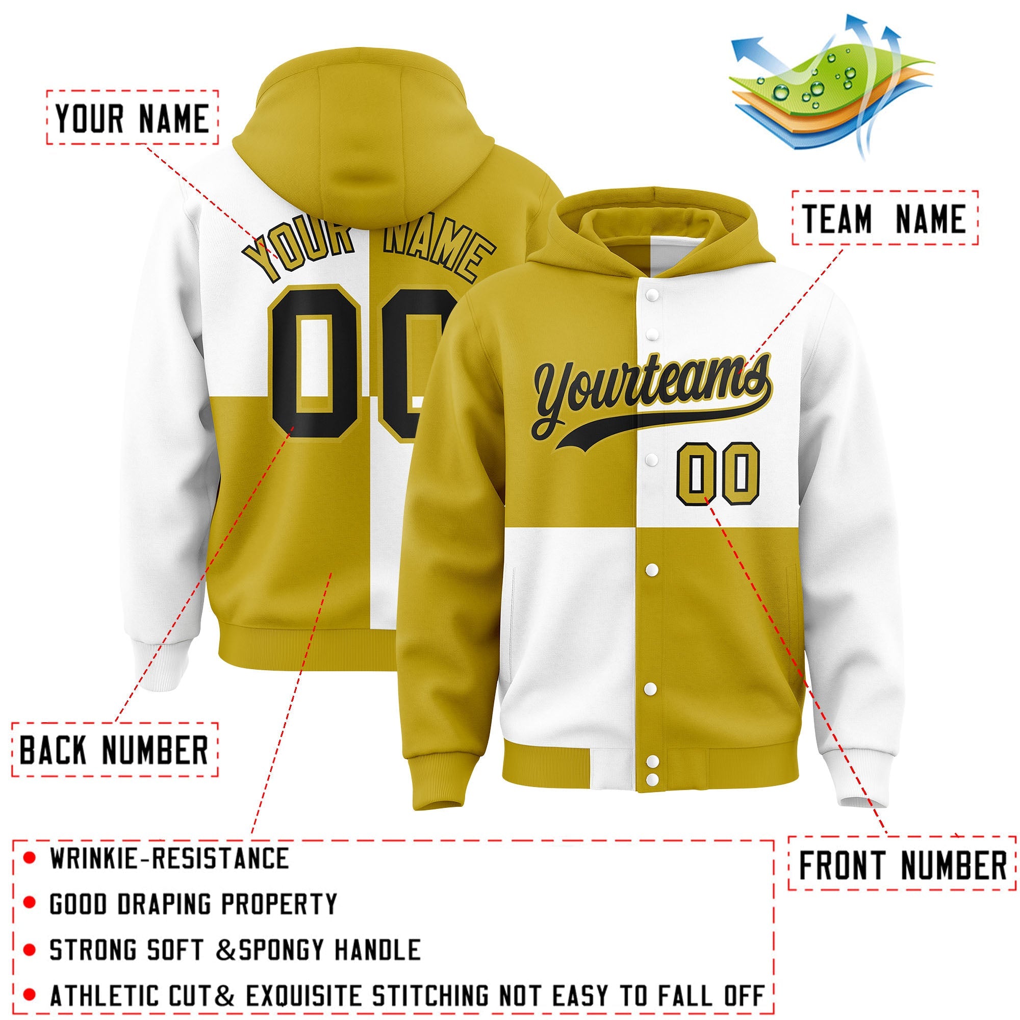 Custom Old Gold White Varsity Full-Snap Four Squares Color Block Letterman Hoodie Jacket