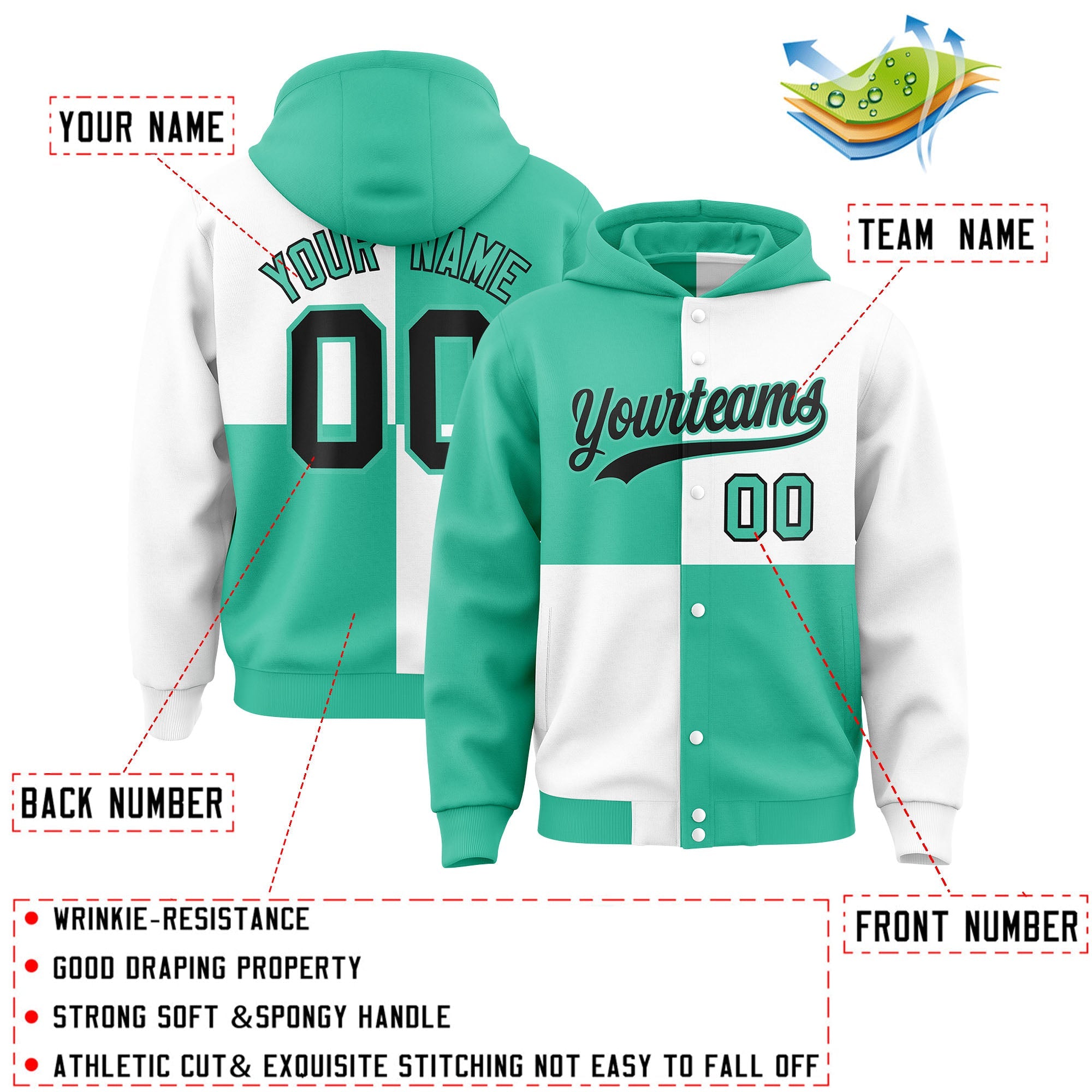 Custom Bright Green White Varsity Full-Snap Four Squares Color Block Letterman Hoodie Jacket