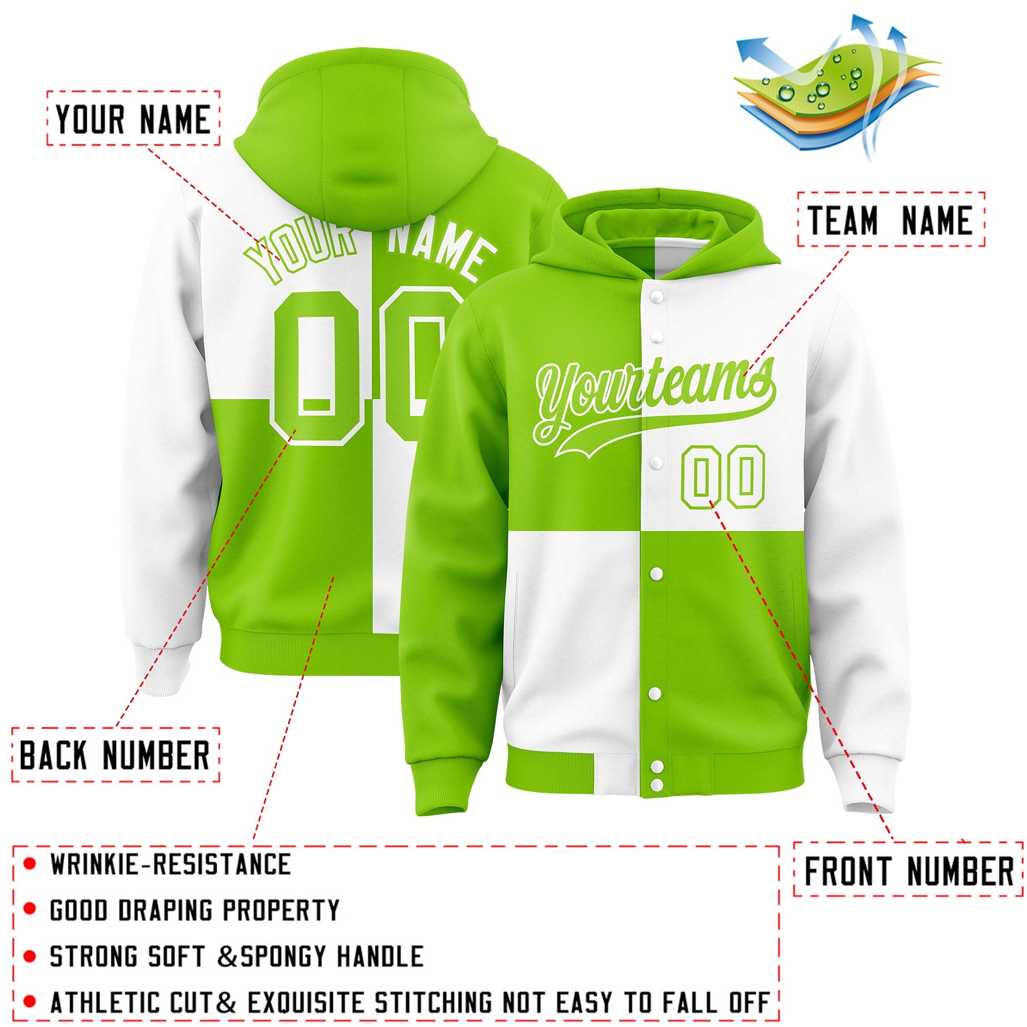 Custom Neon Green White Varsity Full-Snap Four Squares Color Block Letterman Hoodie Jacket