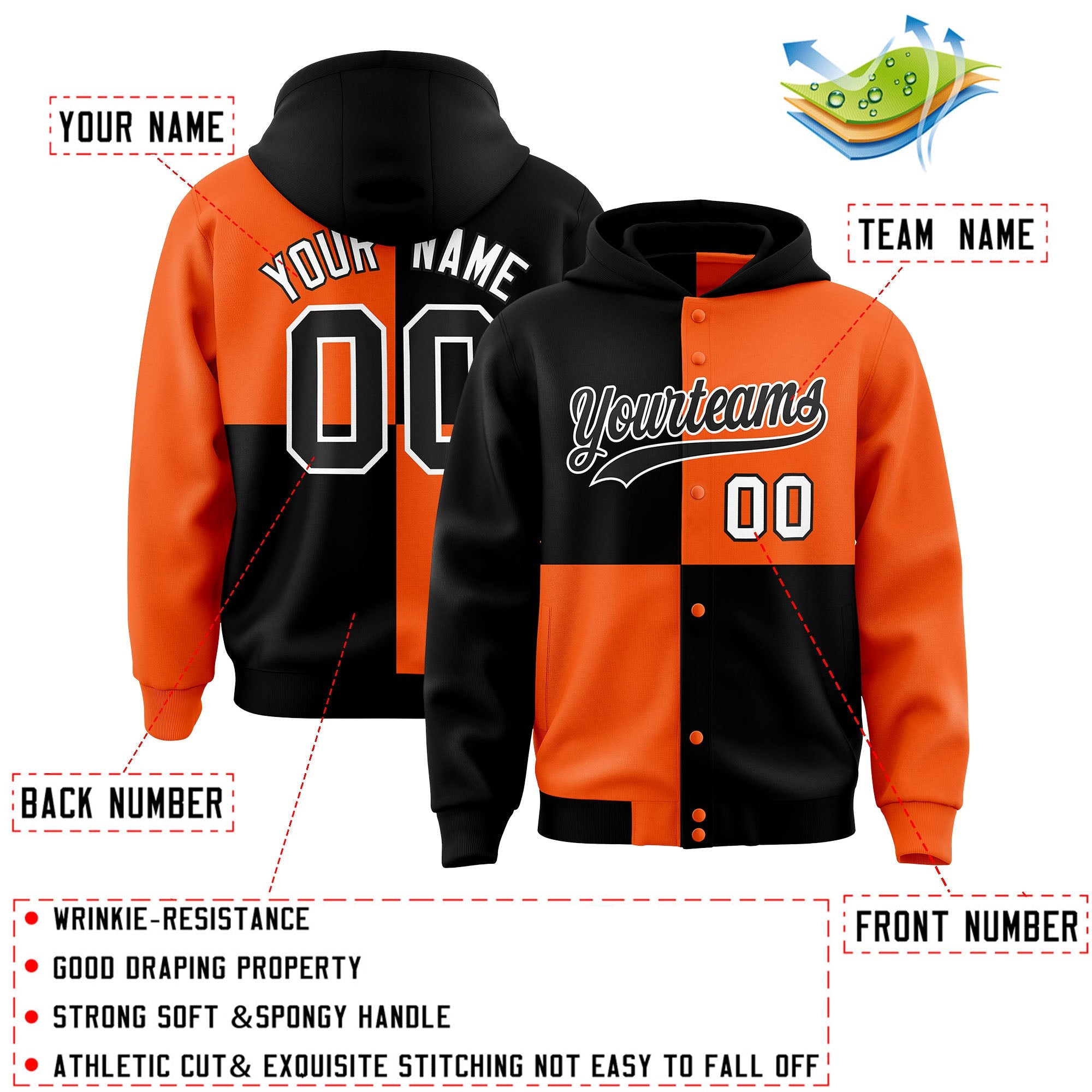 Custom Black Orange Varsity Full-Snap Four Squares Color Block Letterman Hoodie Jacket