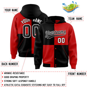 Custom Black Red Varsity Full-Snap Four Squares Color Block Letterman Hoodie Jacket