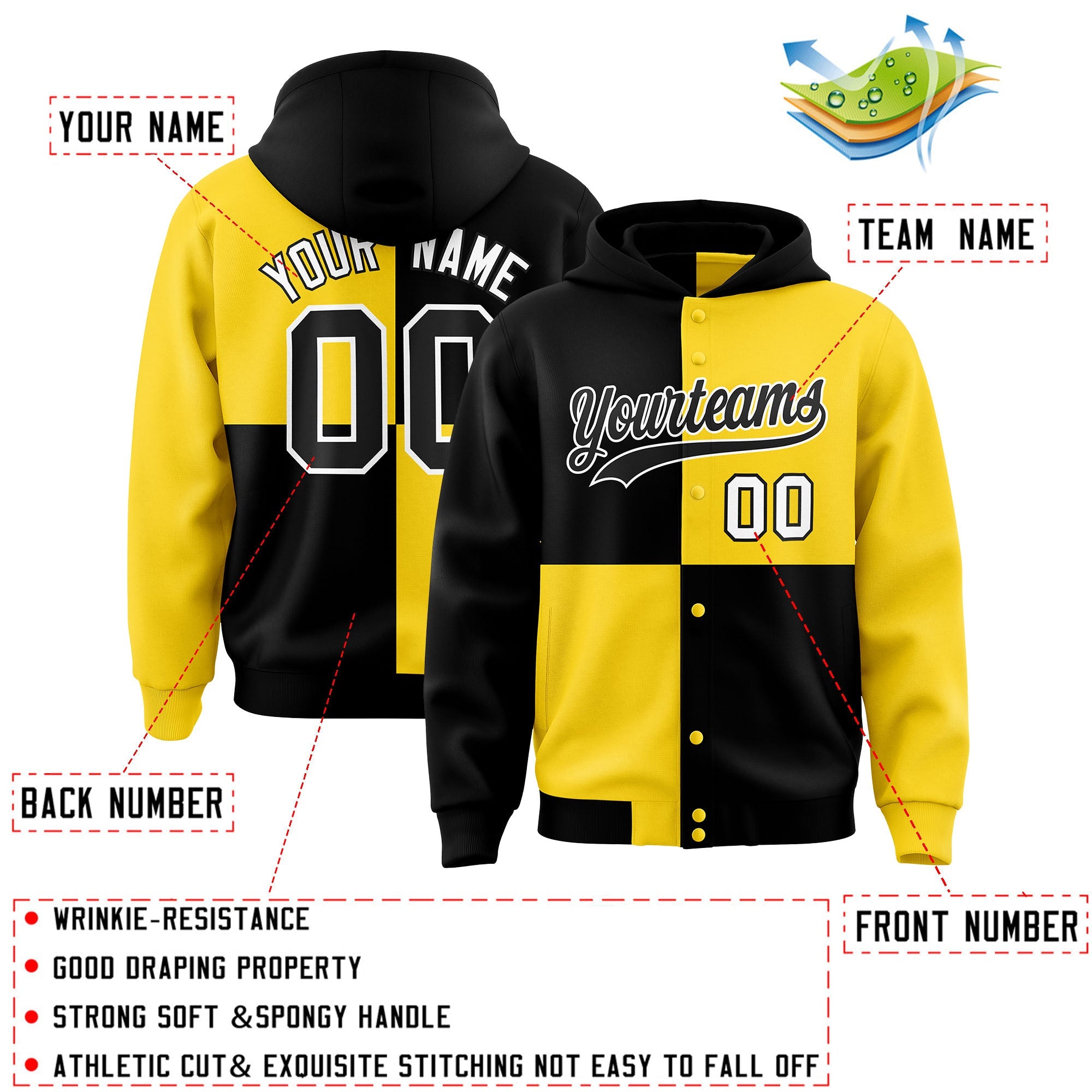 Custom Black Gold Varsity Full-Snap Four Squares Color Block Letterman Hoodie Jacket