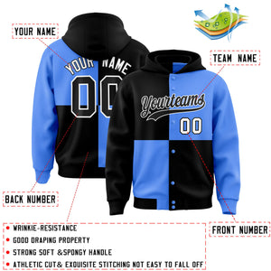 Custom Black Powder Blue Varsity Full-Snap Four Squares Color Block Letterman Hoodie Jacket