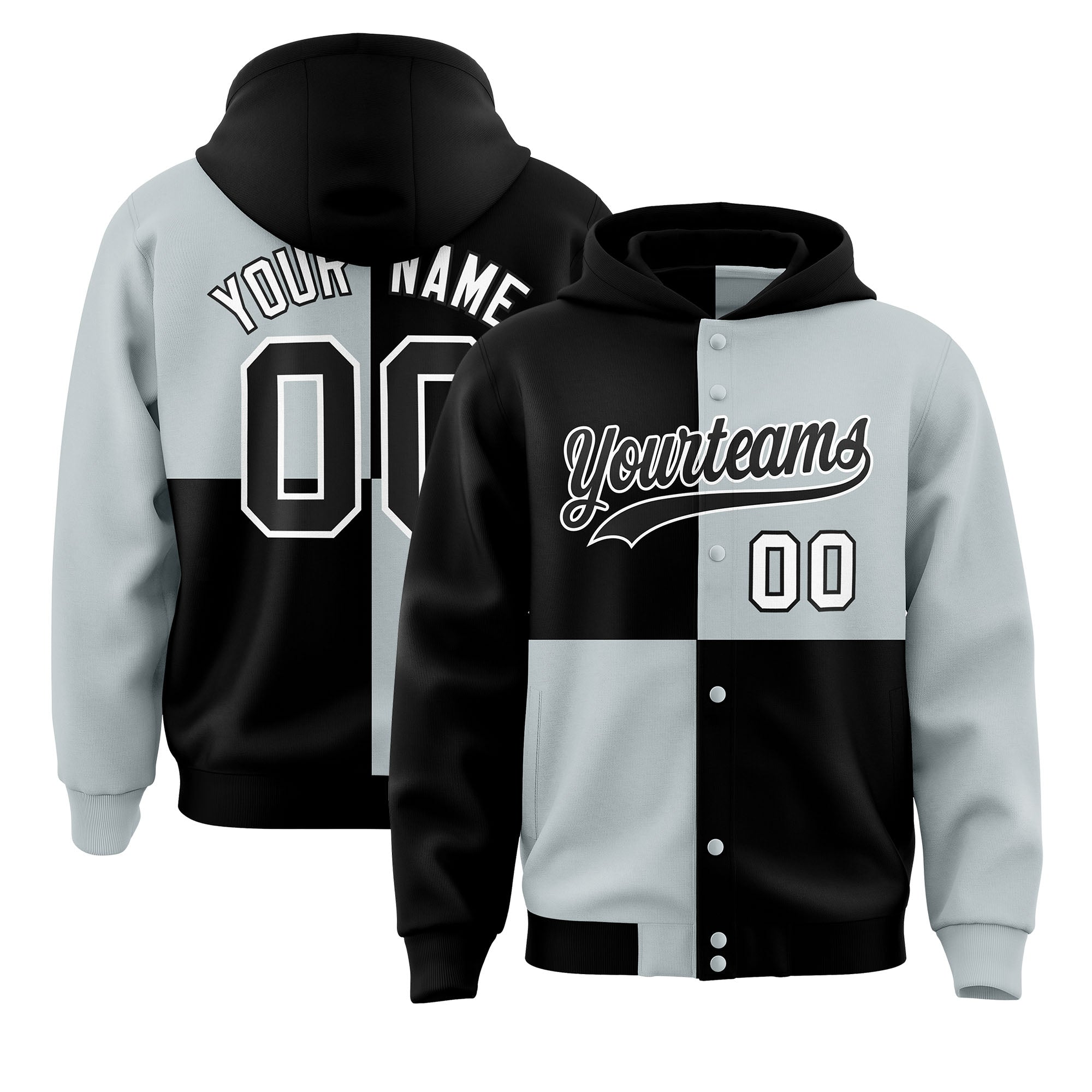 Custom Black Silver Varsity Full-Snap Four Squares Color Block Letterman Hoodie Jacket