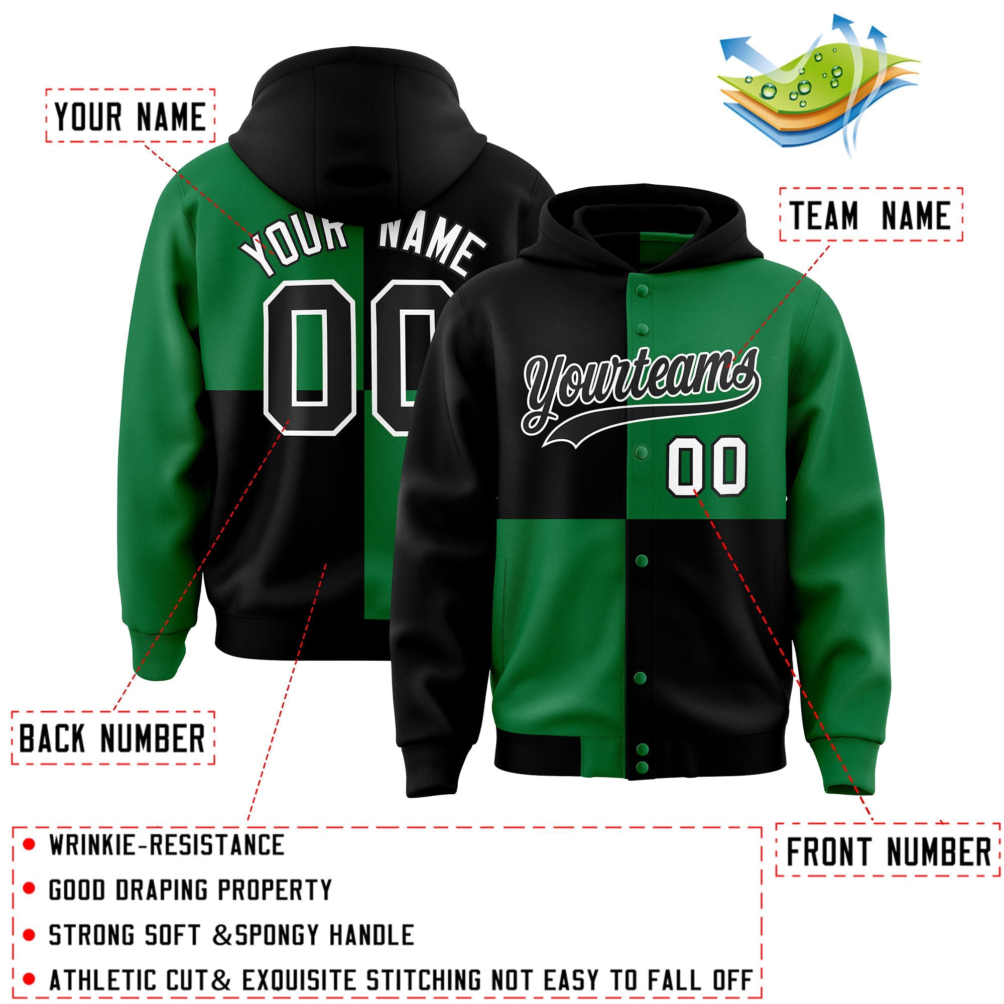 Custom Black Kelly Green Varsity Full-Snap Four Squares Color Block Letterman Hoodie Jacket