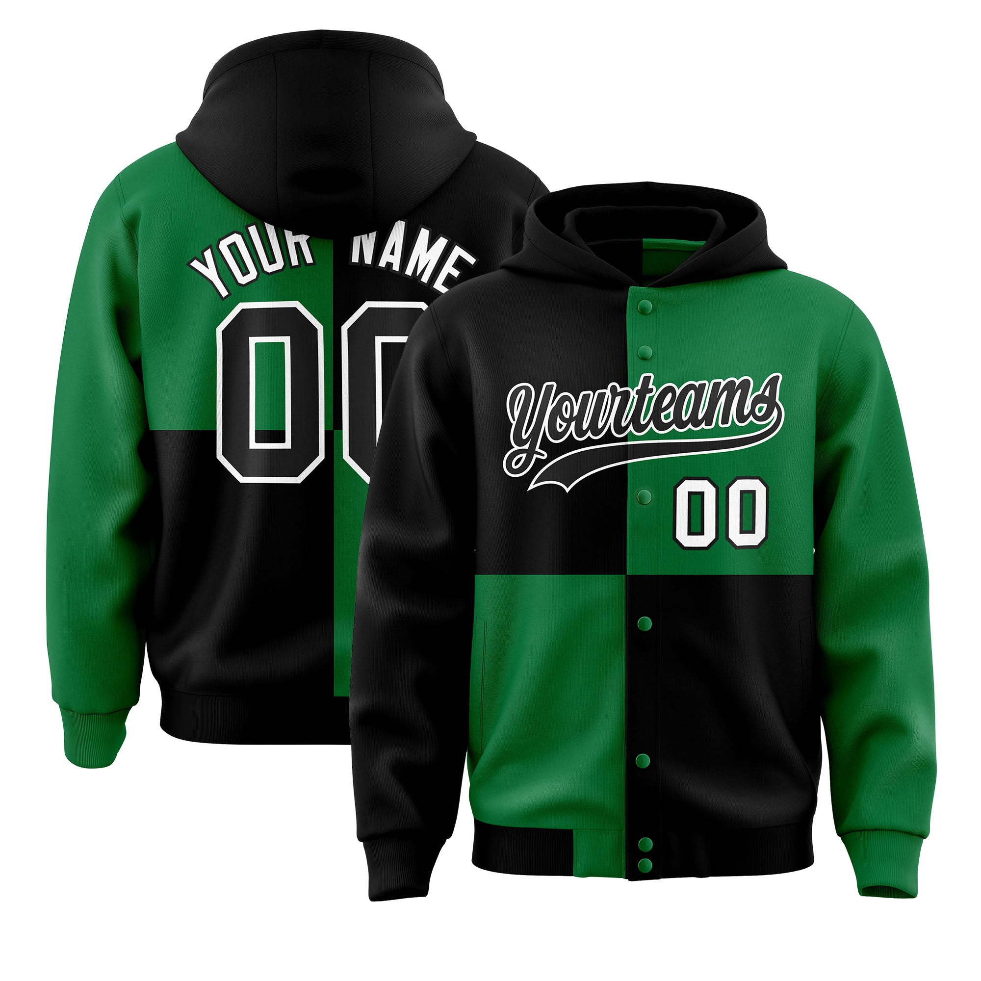 Custom Black Kelly Green Varsity Full-Snap Four Squares Color Block Letterman Hoodie Jacket