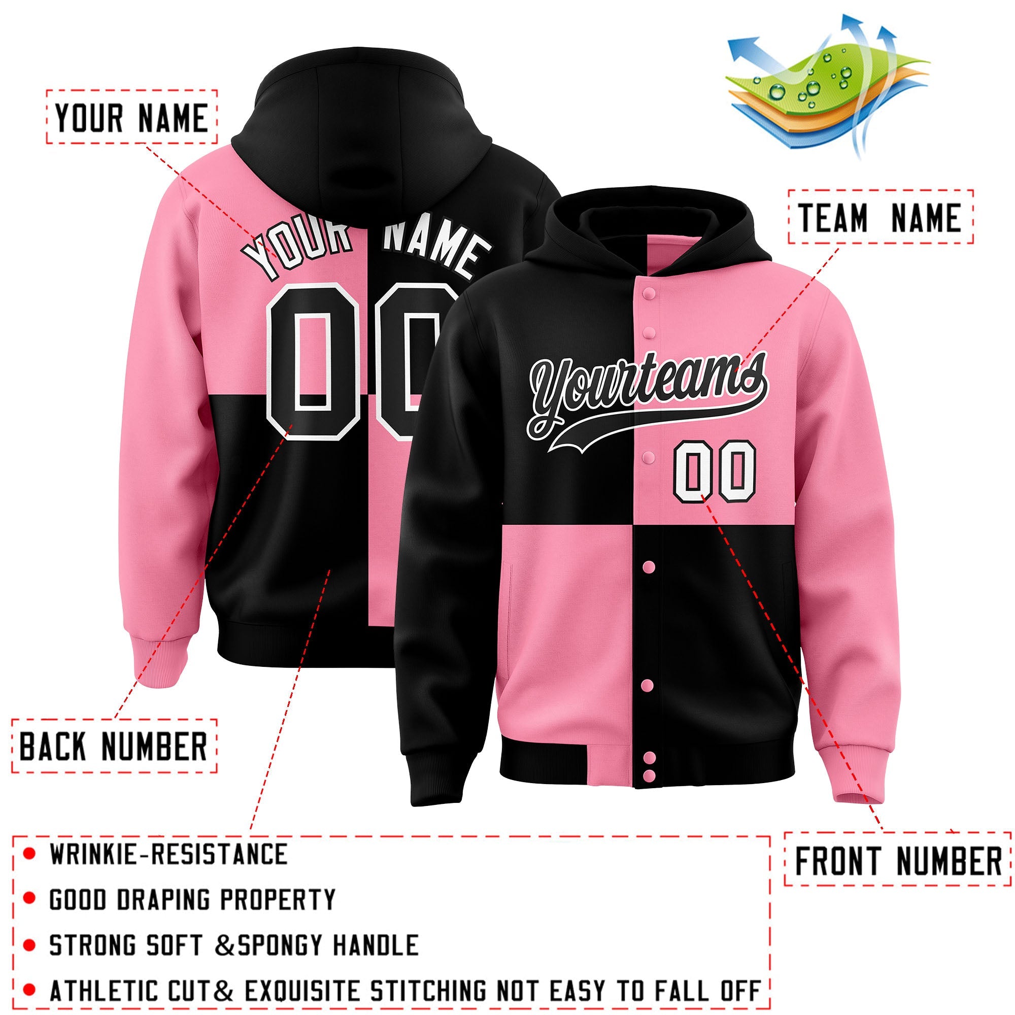 Custom Black Light Pink Varsity Full-Snap Four Squares Color Block Letterman Hoodie Jacket