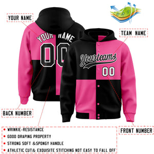 Custom Black Pink Varsity Full-Snap Four Squares Color Block Letterman Hoodie Jacket