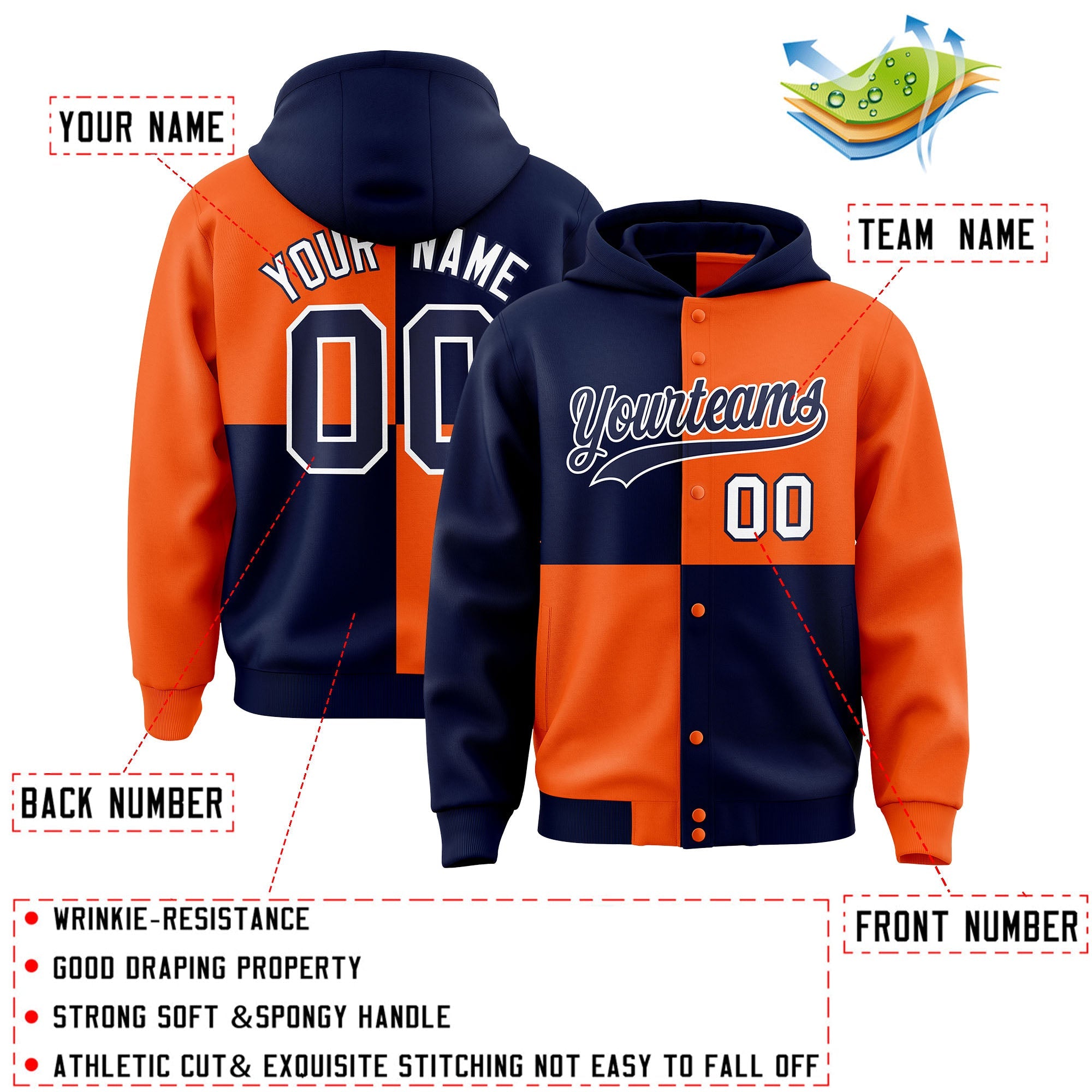 Custom Navy Orange Varsity Full-Snap Four Squares Color Block Letterman Hoodie Jacket