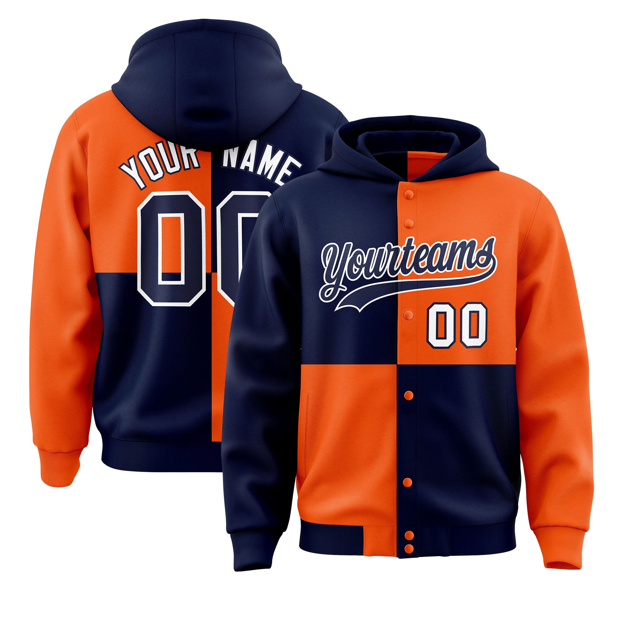 Custom Navy Orange Varsity Full-Snap Four Squares Color Block Letterman Hoodie Jacket