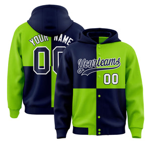 Custom Navy Neon Green Varsity Full-Snap Four Squares Color Block Letterman Hoodie Jacket