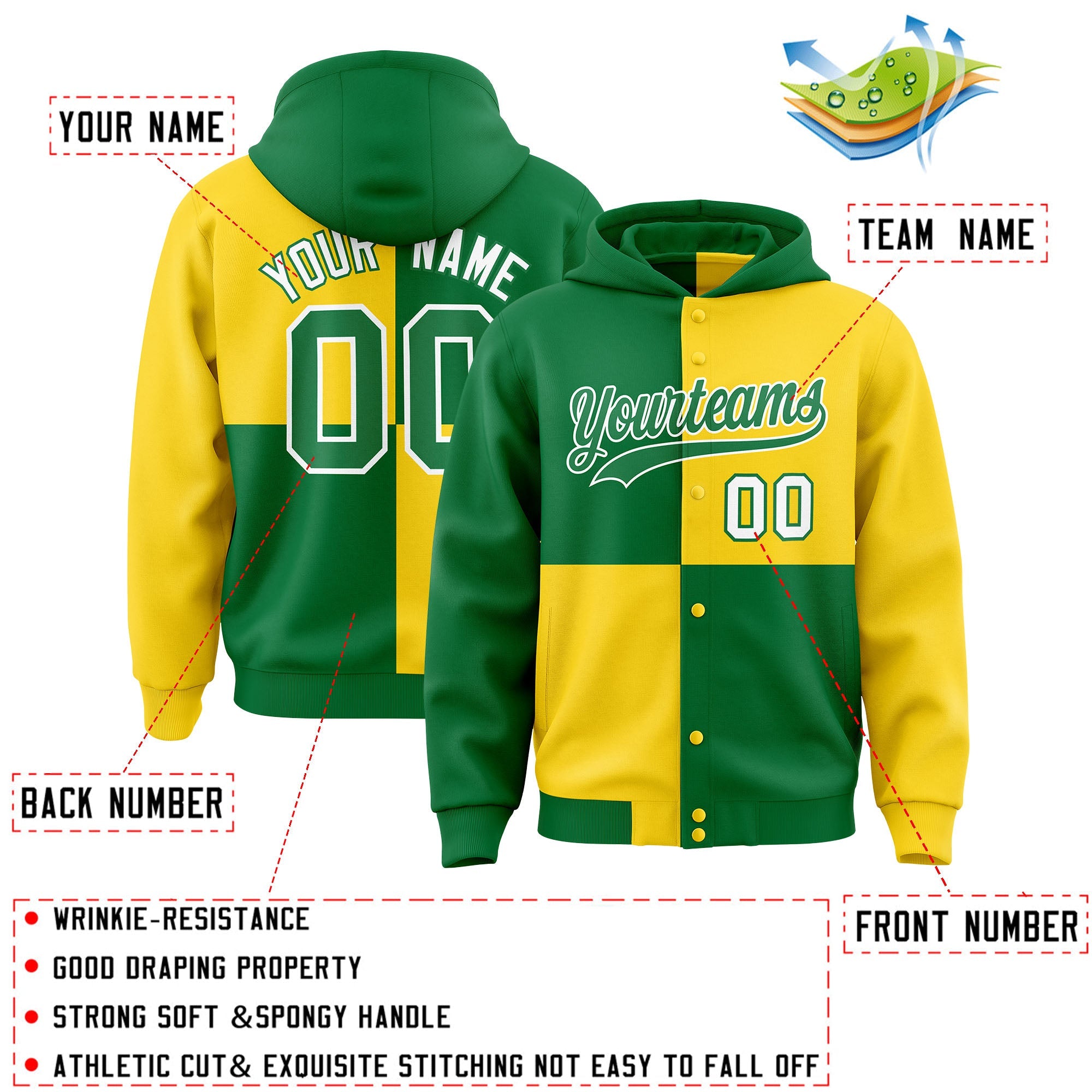 Custom Kelly Green Gold Varsity Full-Snap Four Squares Color Block Letterman Hoodie Jacket