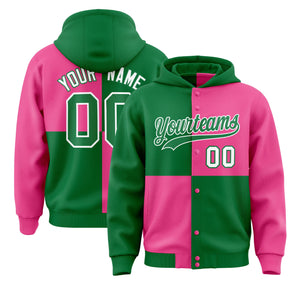 Custom Kelly Green Pink Varsity Full-Snap Four Squares Color Block Letterman Hoodie Jacket