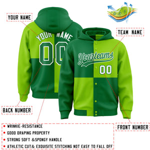 Custom Kelly Green Neon Green Varsity Full-Snap Four Squares Color Block Letterman Hoodie Jacket