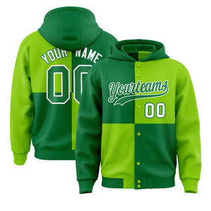 Custom Kelly Green Neon Green Varsity Full-Snap Four Squares Color Block Letterman Hoodie Jacket