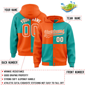 Custom Orange Aqua Varsity Full-Snap Four Squares Color Block Letterman Hoodie Jacket