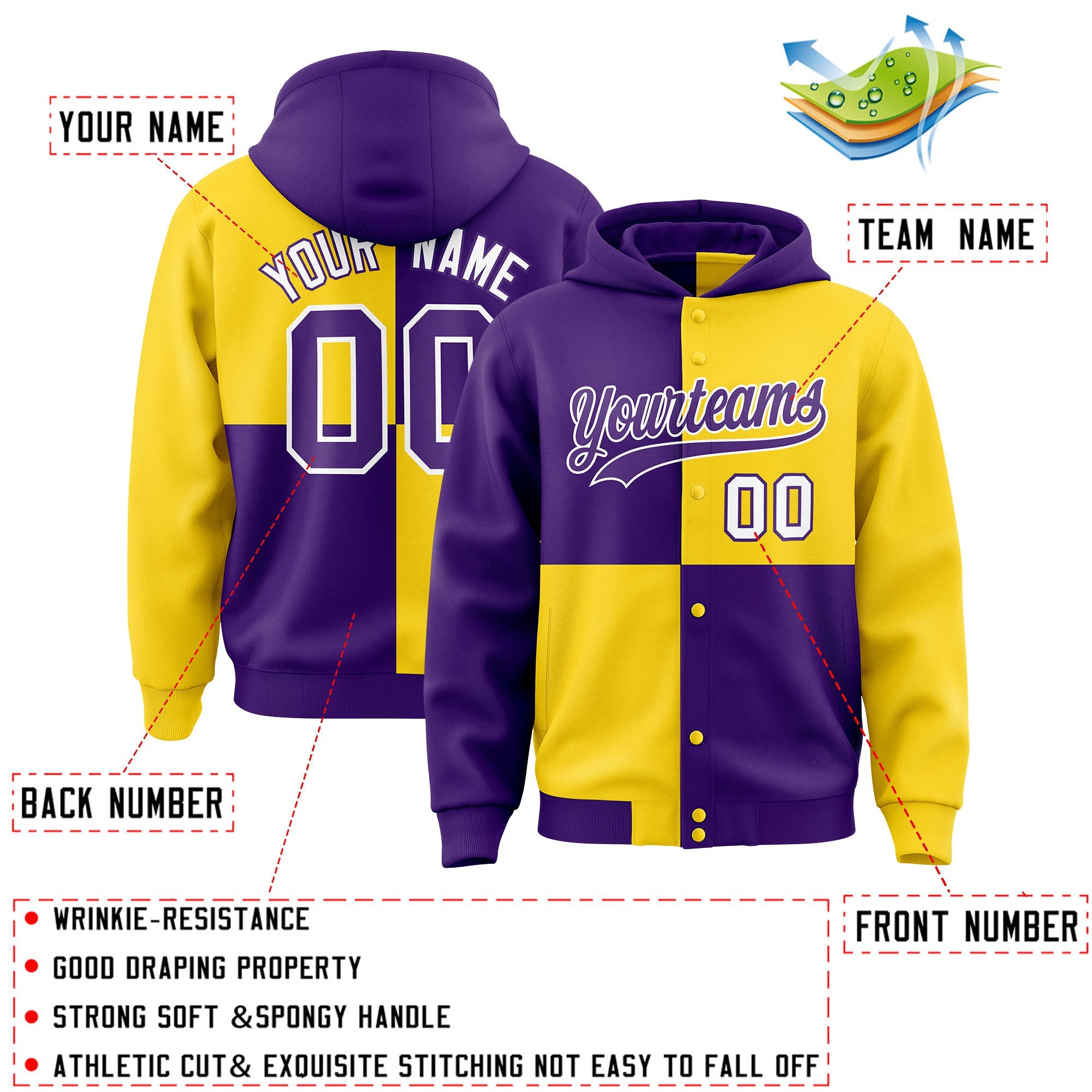 Custom Purple Gold Varsity Full-Snap Four Squares Color Block Letterman Hoodie Jacket