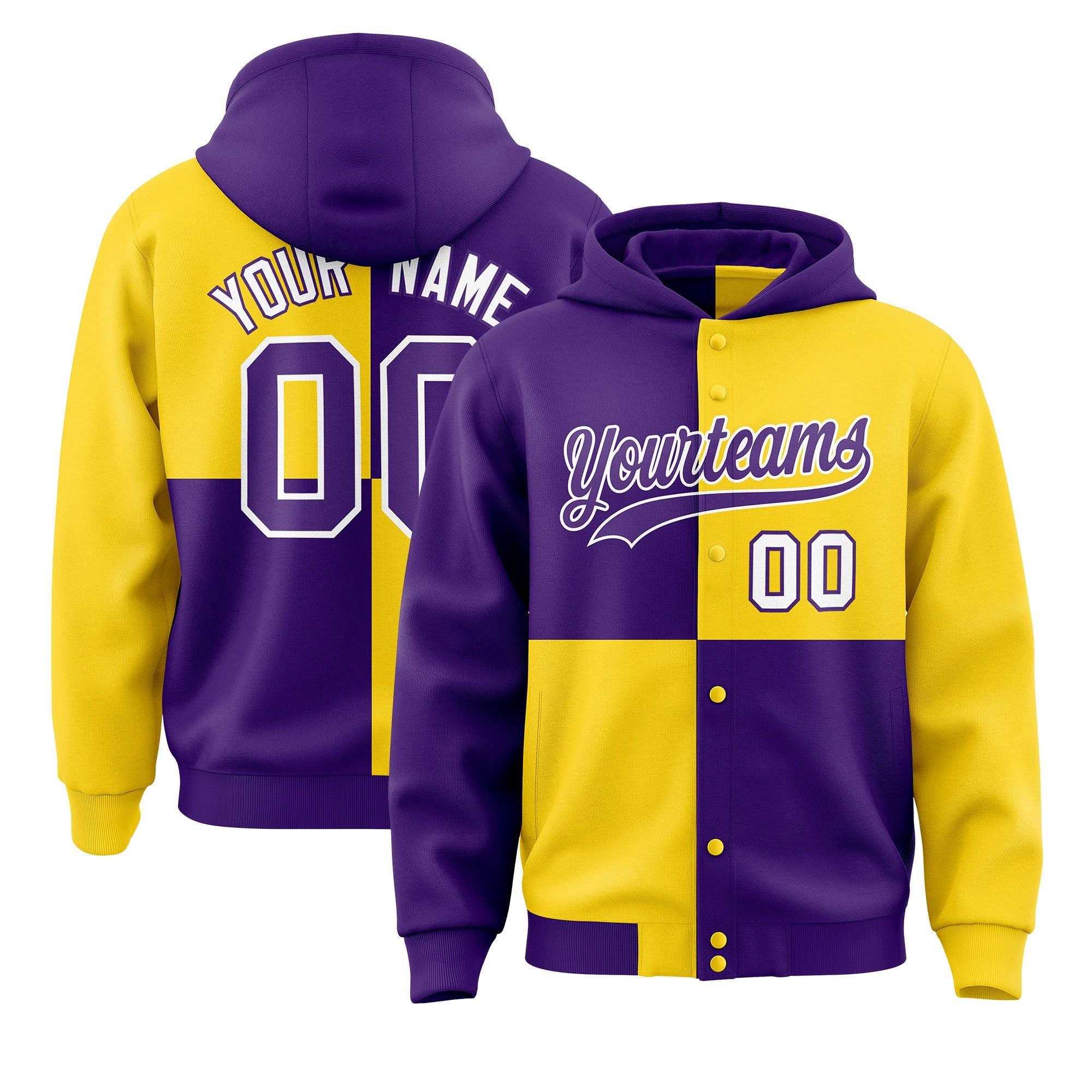 Custom Purple Gold Varsity Full-Snap Four Squares Color Block Letterman Hoodie Jacket