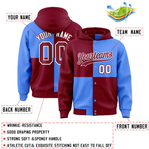 Custom Crimson Powder Blue Varsity Full-Snap Four Squares Color Block Letterman Hoodie Jacket