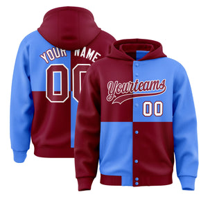 Custom Crimson Powder Blue Varsity Full-Snap Four Squares Color Block Letterman Hoodie Jacket