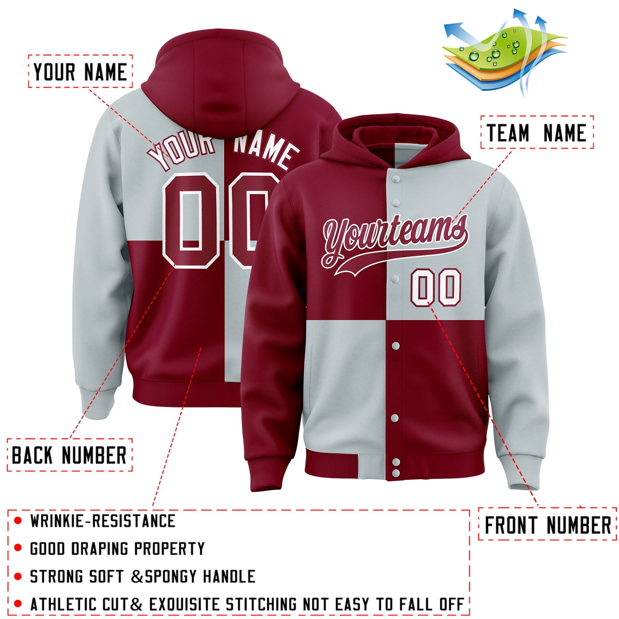 Custom Crimson Silver Varsity Full-Snap Four Squares Color Block Letterman Hoodie Jacket