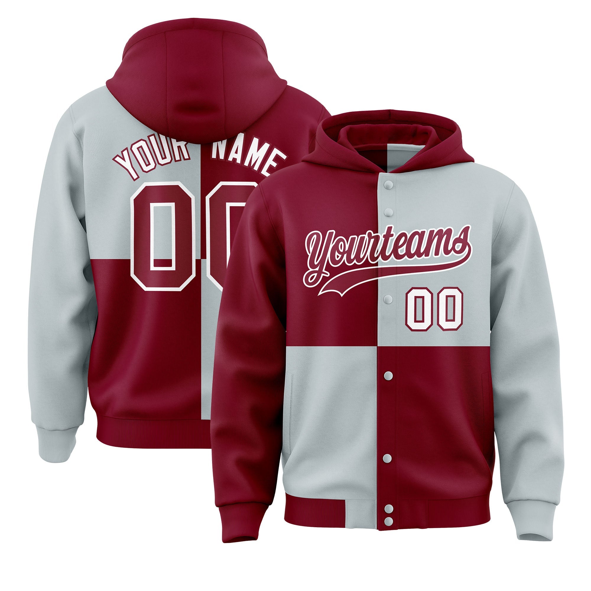 Custom Crimson Silver Varsity Full-Snap Four Squares Color Block Letterman Hoodie Jacket