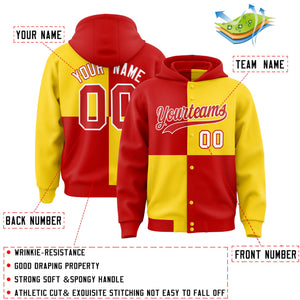 Custom Red Gold Varsity Full-Snap Four Squares Color Block Letterman Hoodie Jacket