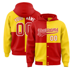 Custom Red Gold Varsity Full-Snap Four Squares Color Block Letterman Hoodie Jacket