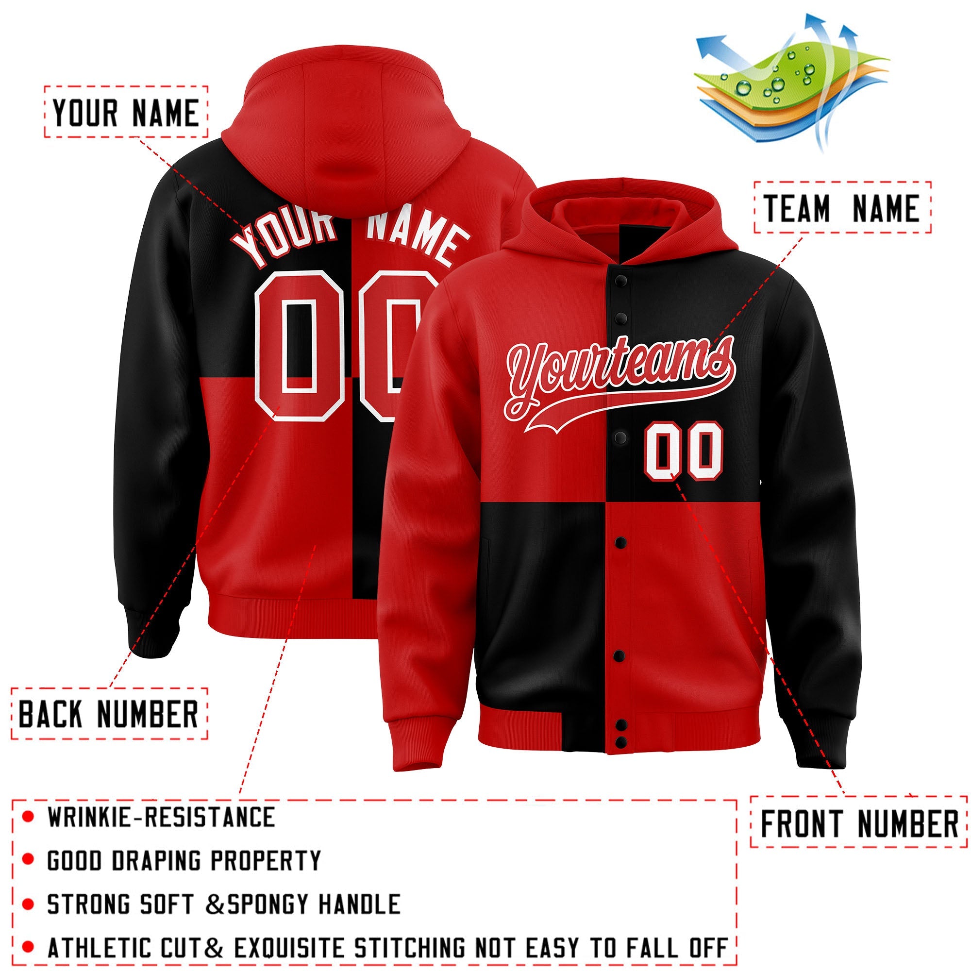 Custom Red Black Varsity Full-Snap Four Squares Color Block Letterman Hoodie Jacket