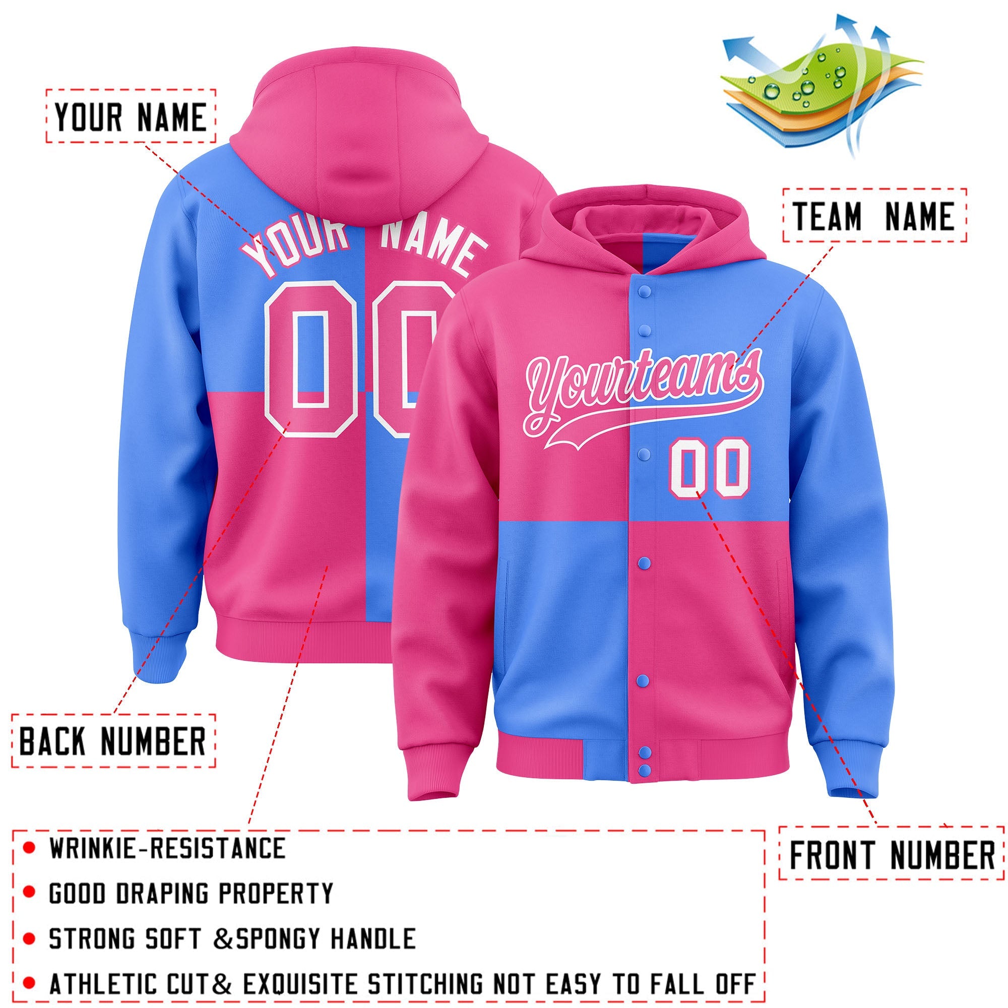 Custom Pink Powder Blue Varsity Full-Snap Four Squares Color Block Letterman Hoodie Jacket