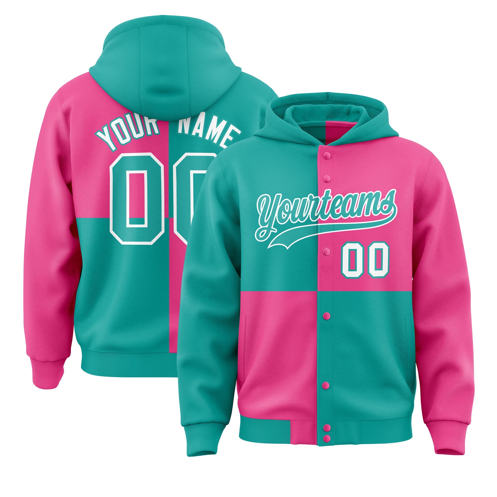 Custom Aqua Pink Varsity Full-Snap Four Squares Color Block Letterman Hoodie Jacket