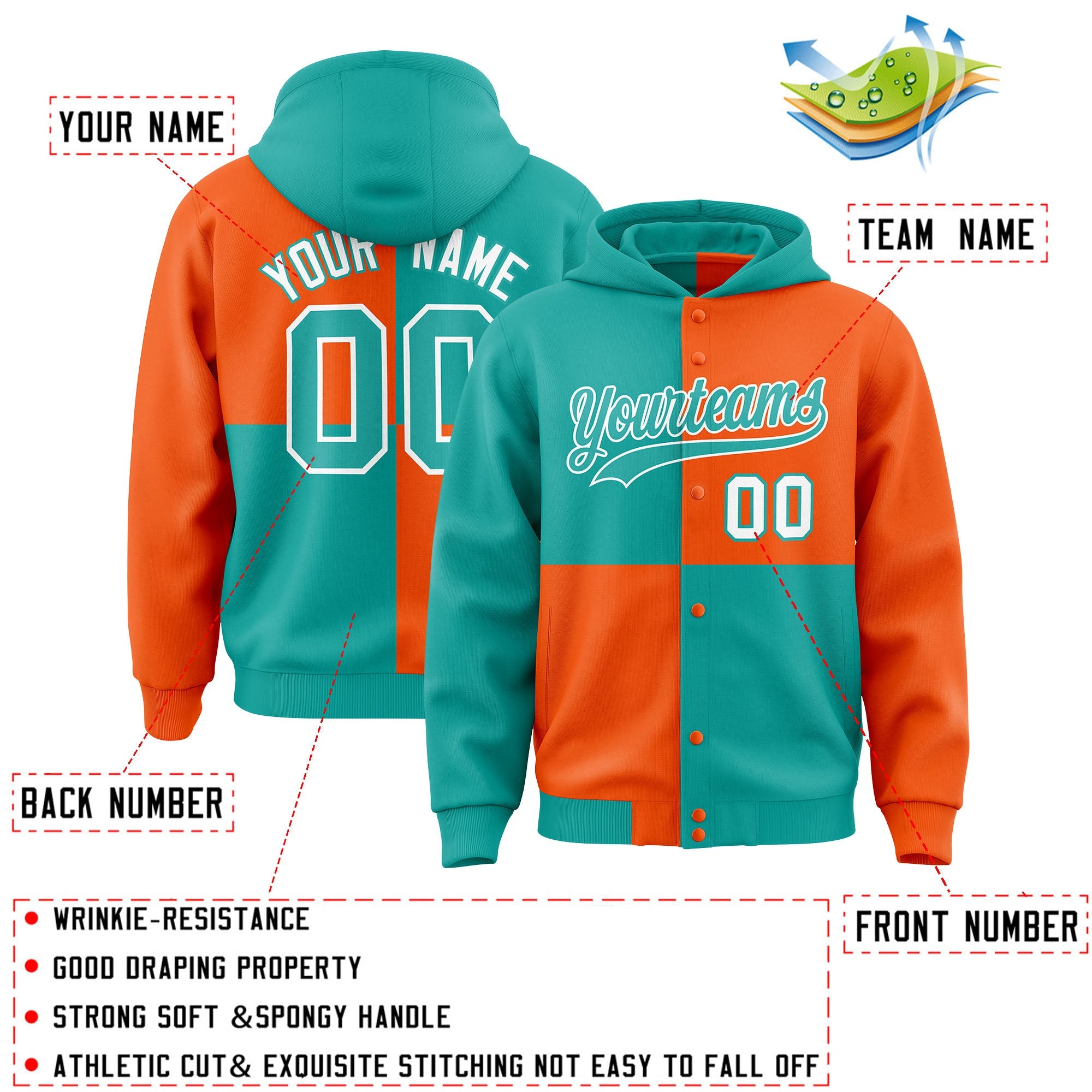 Custom Aqua Orange Varsity Full-Snap Four Squares Color Block Letterman Hoodie Jacket