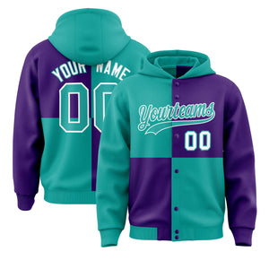 Custom Aqua Purple Varsity Full-Snap Four Squares Color Block Letterman Hoodie Jacket