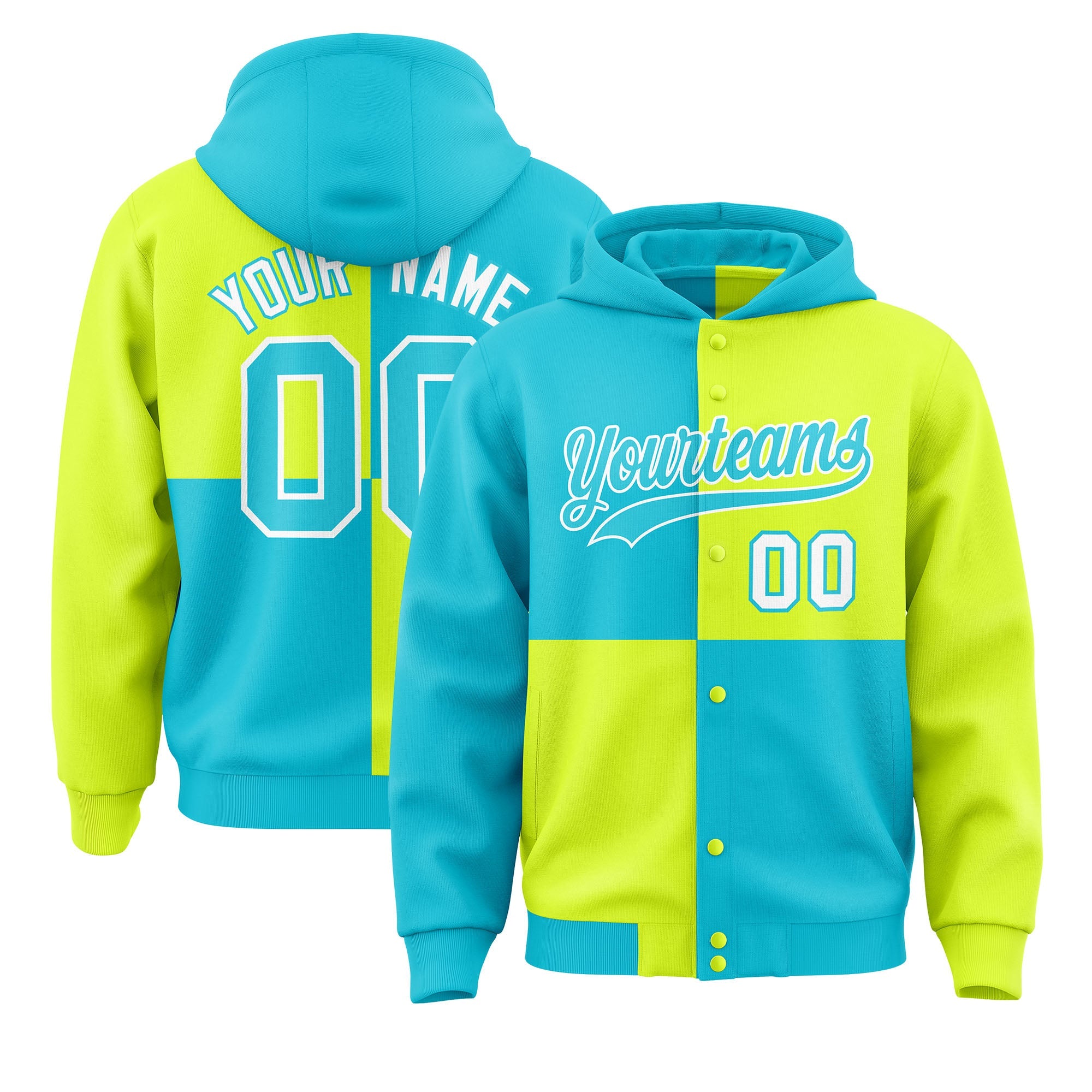 Custom Sky Blue Green Varsity Full-Snap Four Squares Color Block Letterman Hoodie Jacket