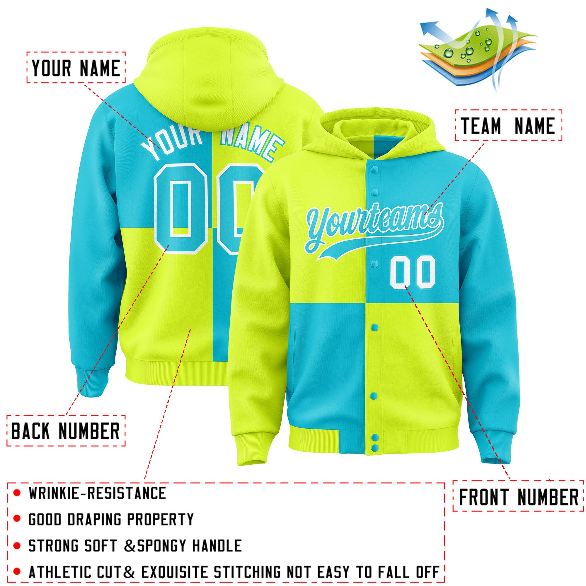 Custom Green Sky Blue Varsity Full-Snap Four Squares Color Block Letterman Hoodie Jacket