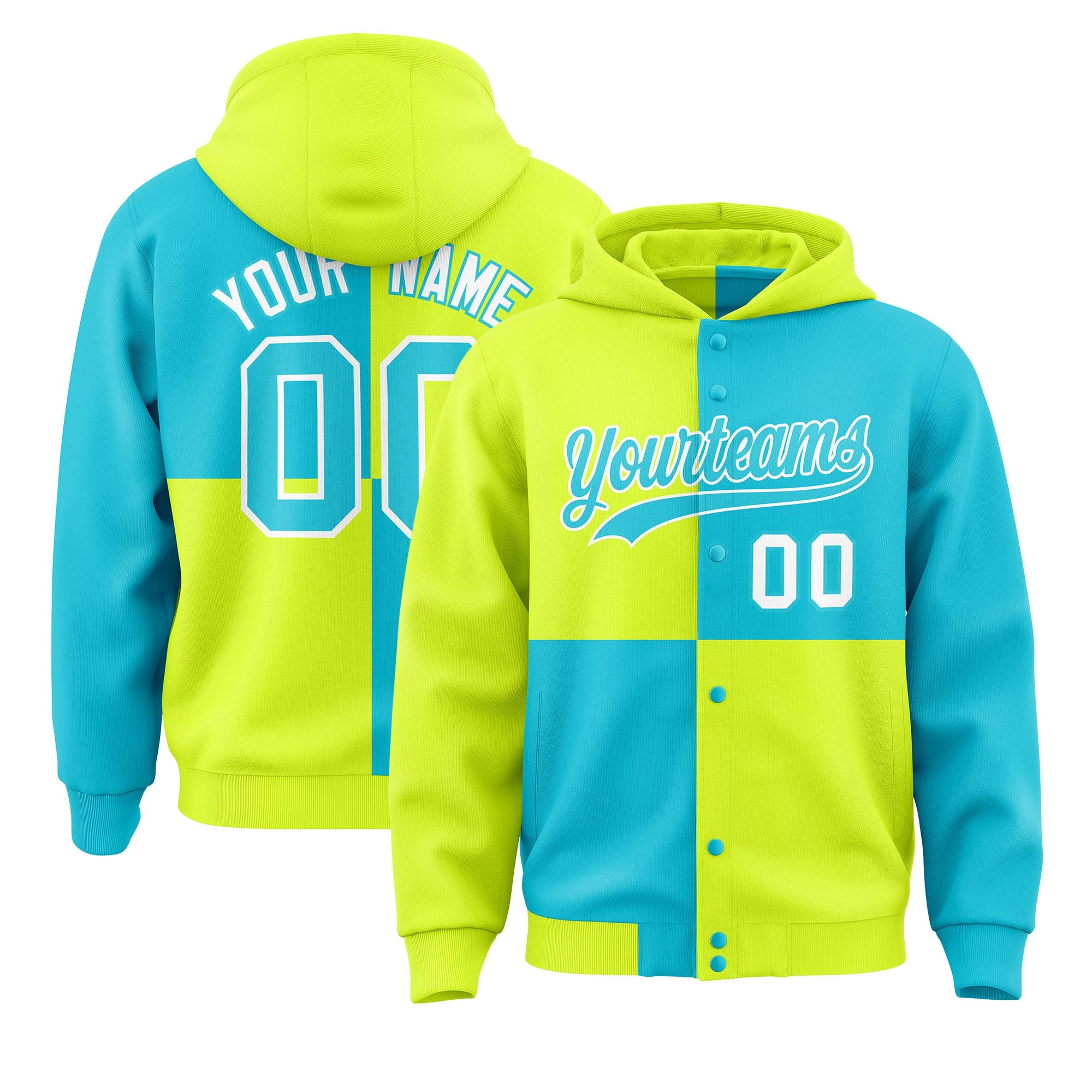 Custom Green Sky Blue Varsity Full-Snap Four Squares Color Block Letterman Hoodie Jacket