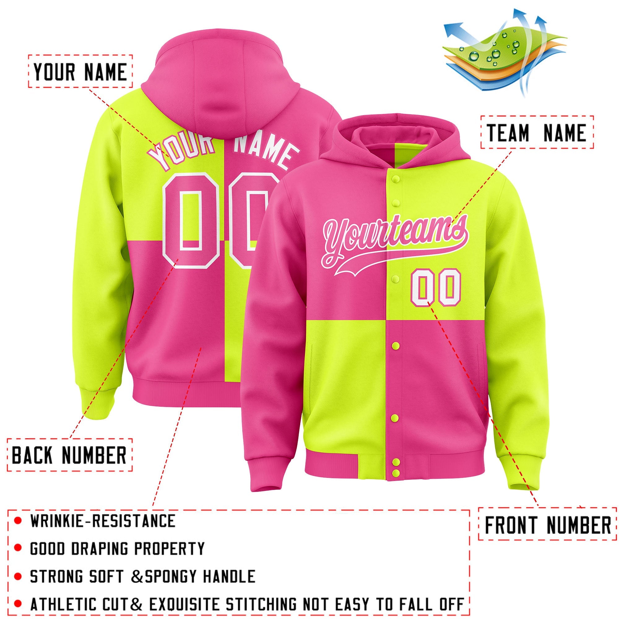 Custom Pink Green Varsity Full-Snap Four Squares Color Block Letterman Hoodie Jacket